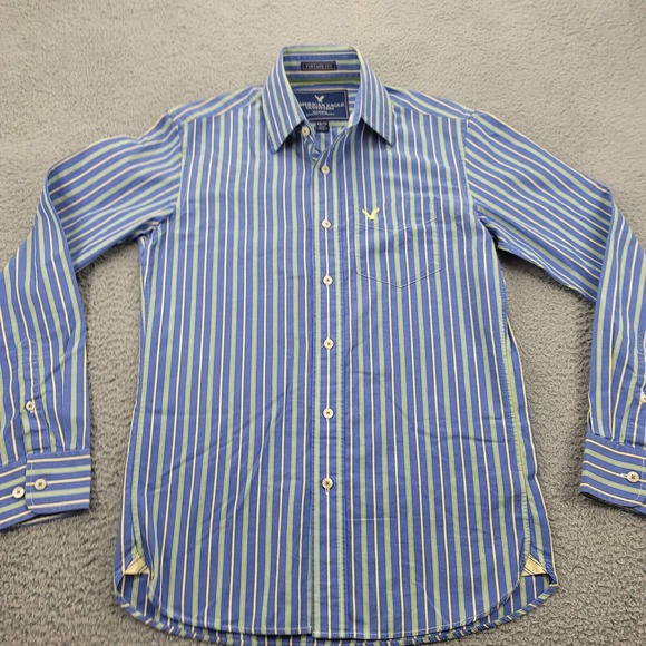 America Eagle Shirt Mens XS Blue Striped Vintage Fit Button Up Classiccore Logo - Picture 6 of 13